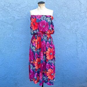 70s Disco Dress Shimmery Floral Strapless in S/M